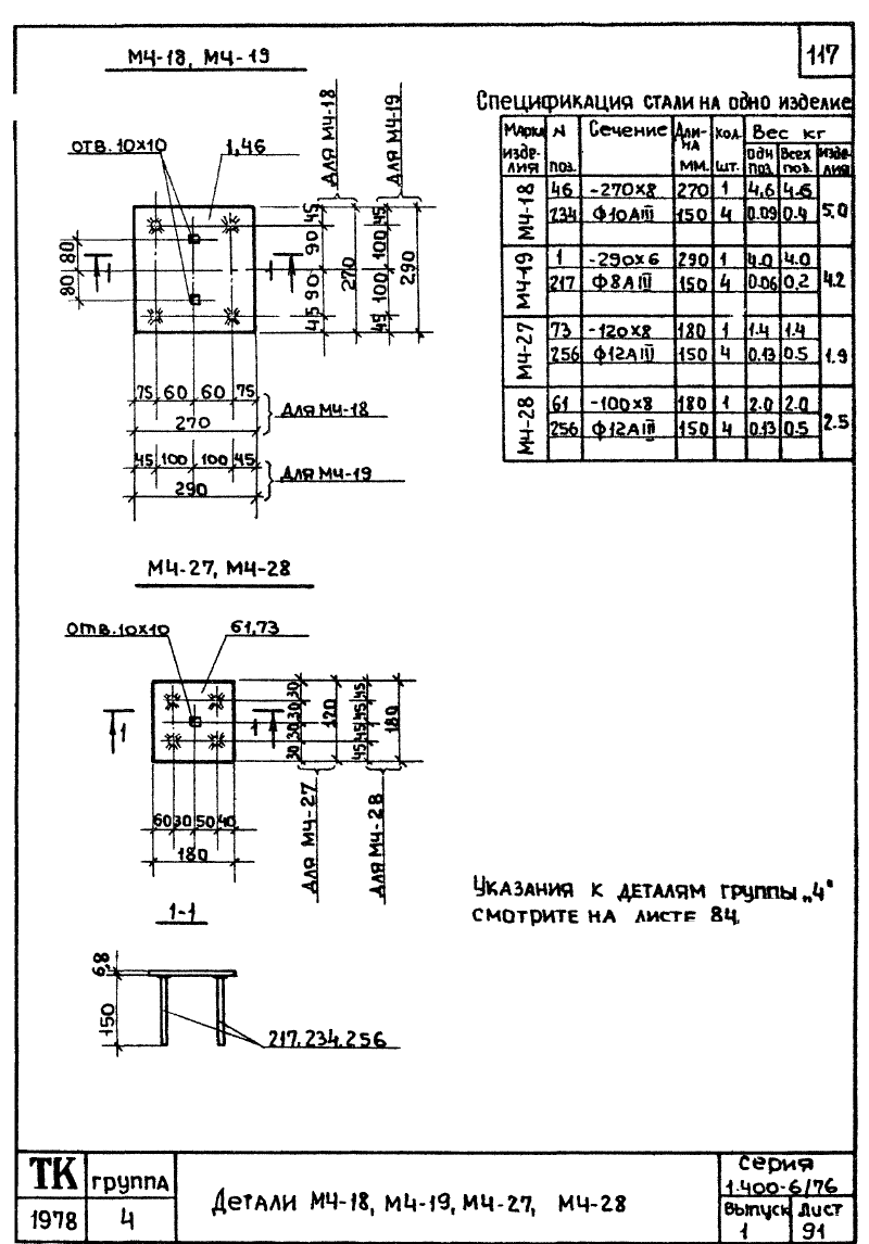 Закладные изделия марки М4 серия 1.400-6/76 выпуск 1. Страница 08