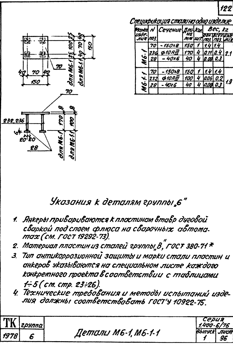 Закладные изделия марки М6 серия 1.400-6/76 выпуск 1. Страница 1